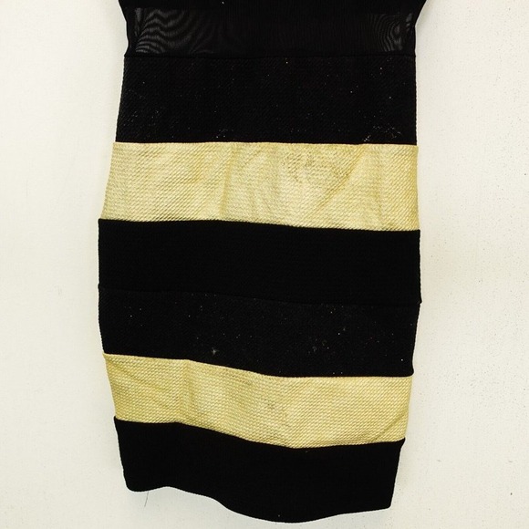 WINDSOR Gold Black Bandage Mini Dress SMALL Striped Mesh Waist Stretch Sparkle - Picture 5 of 12